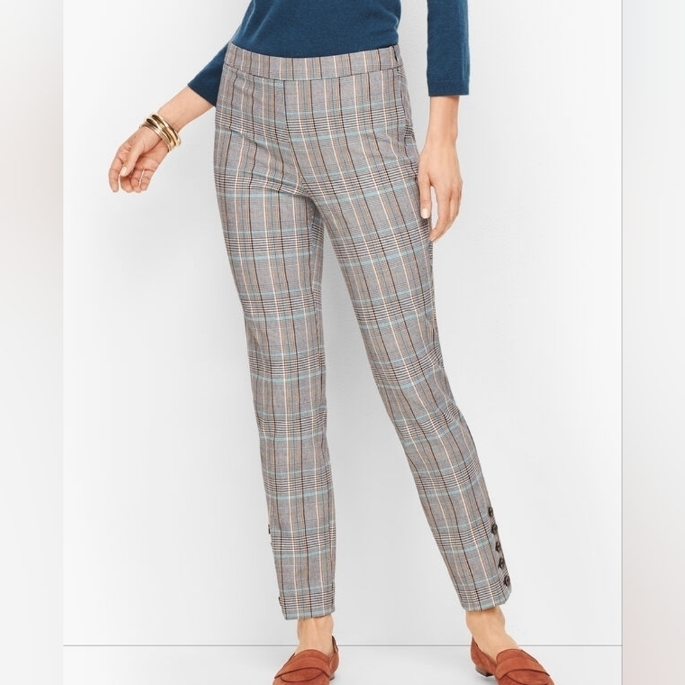 Talbots sz 16 Chatham ankle pants black white tan blue macintosh plaid WP214